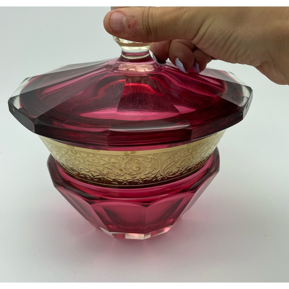 Moser Karlsbad Cranberry Gold Glass Covered Candy Dish Rare Antique